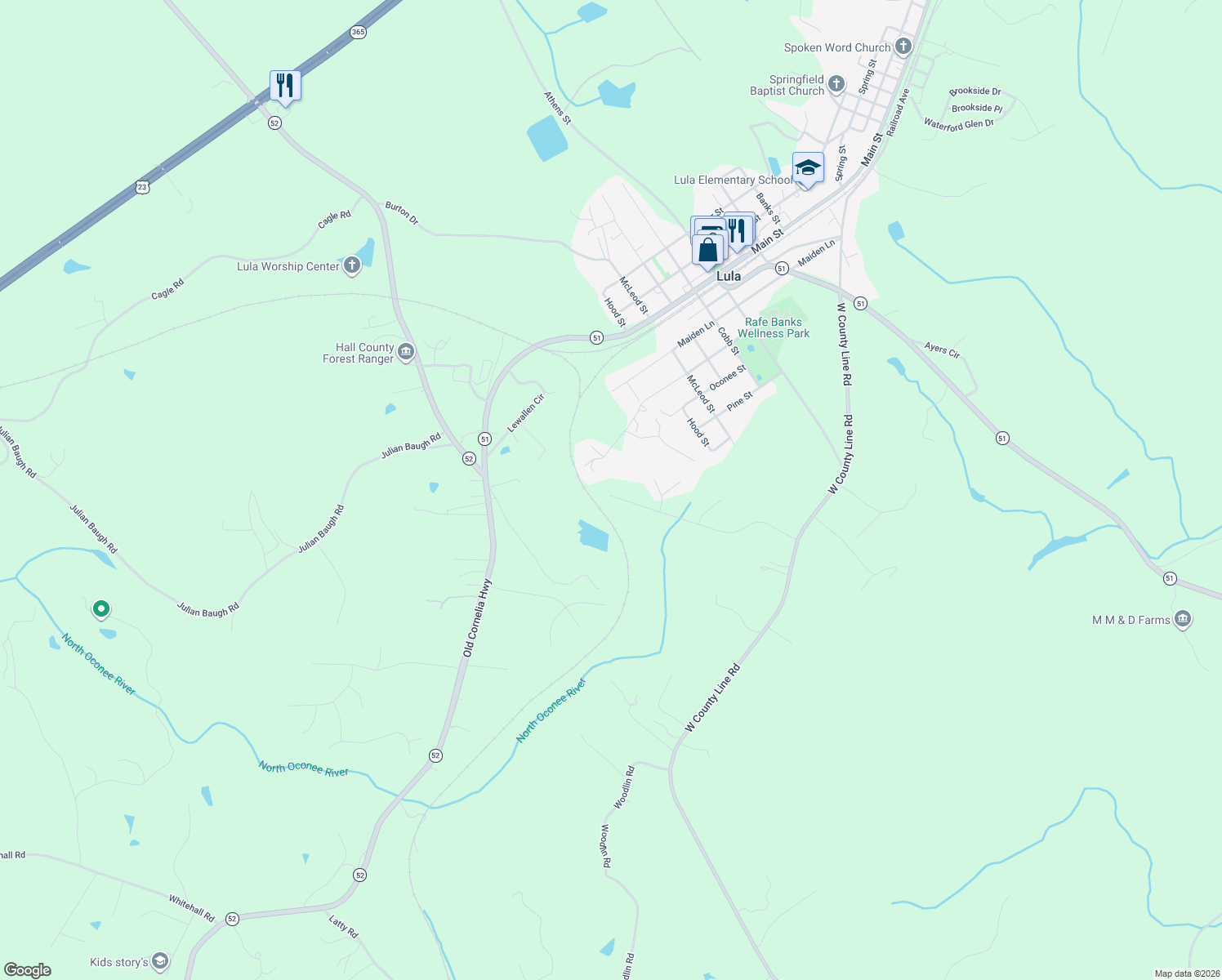 map of restaurants, bars, coffee shops, grocery stores, and more near 6740 Victoria Lane in Lula