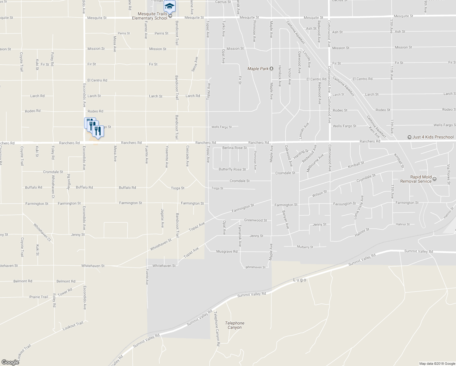 map of restaurants, bars, coffee shops, grocery stores, and more near 7069 Opal Avenue in Oak Hills