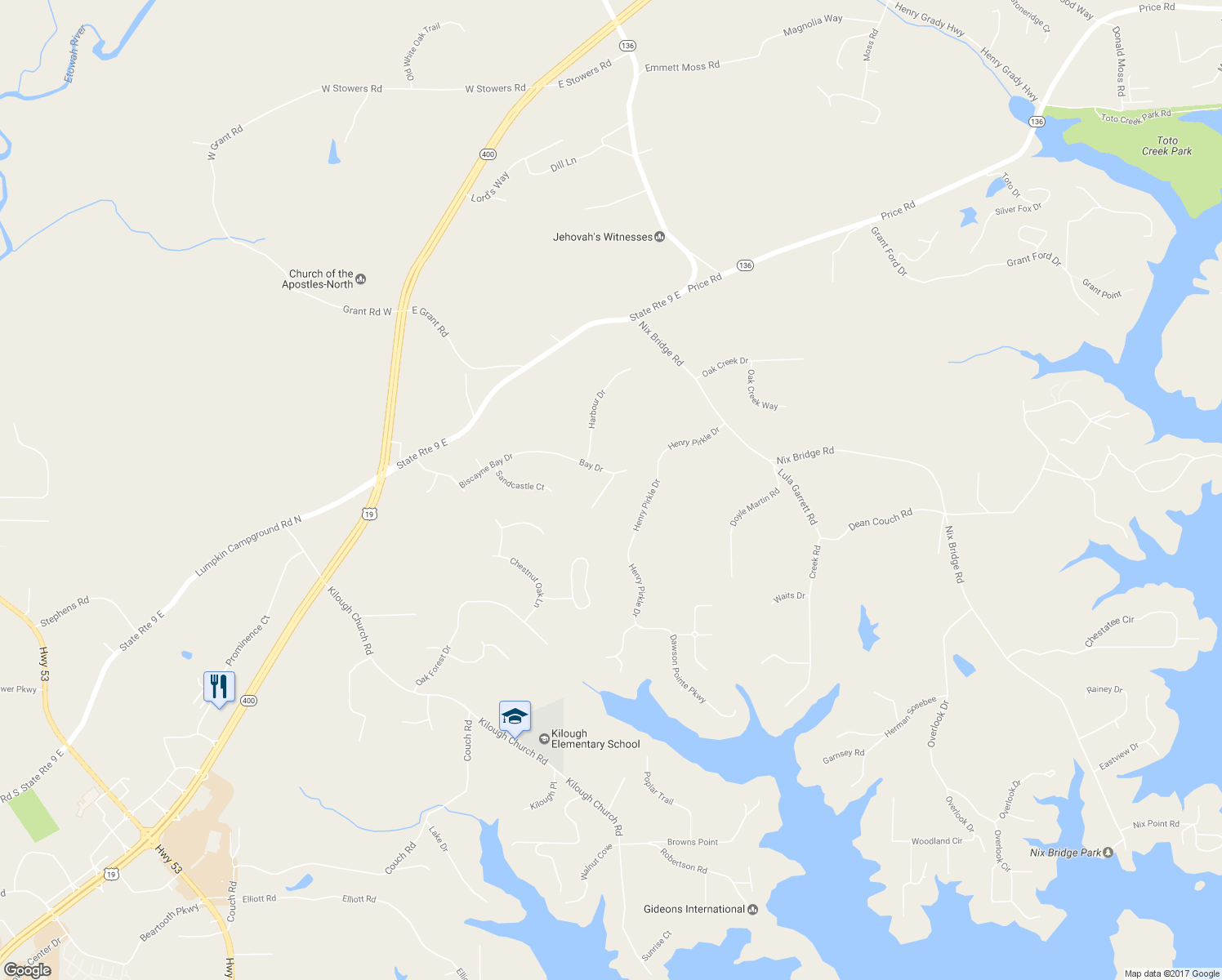 map of restaurants, bars, coffee shops, grocery stores, and more near 49 Seabreeze Way in Dawsonville
