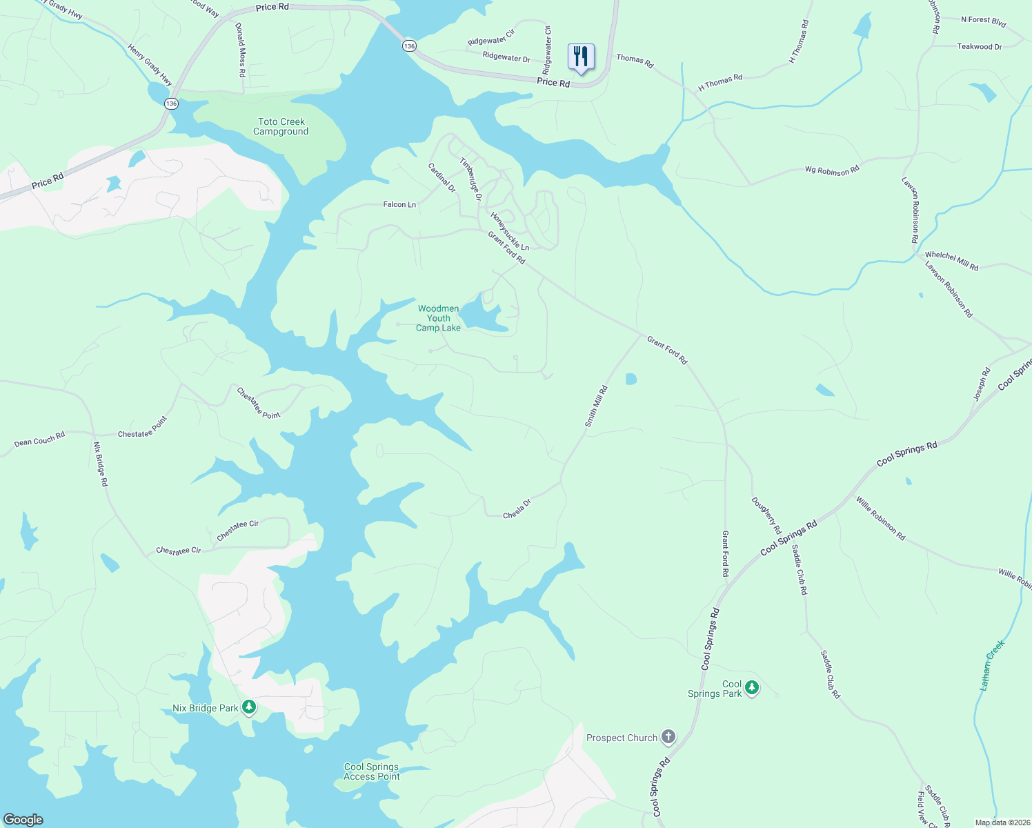 map of restaurants, bars, coffee shops, grocery stores, and more near 6156 Grants Ford Drive in Gainesville