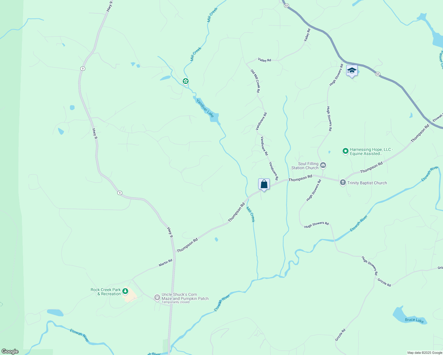 map of restaurants, bars, coffee shops, grocery stores, and more near 716 Norma Road in Dawsonville