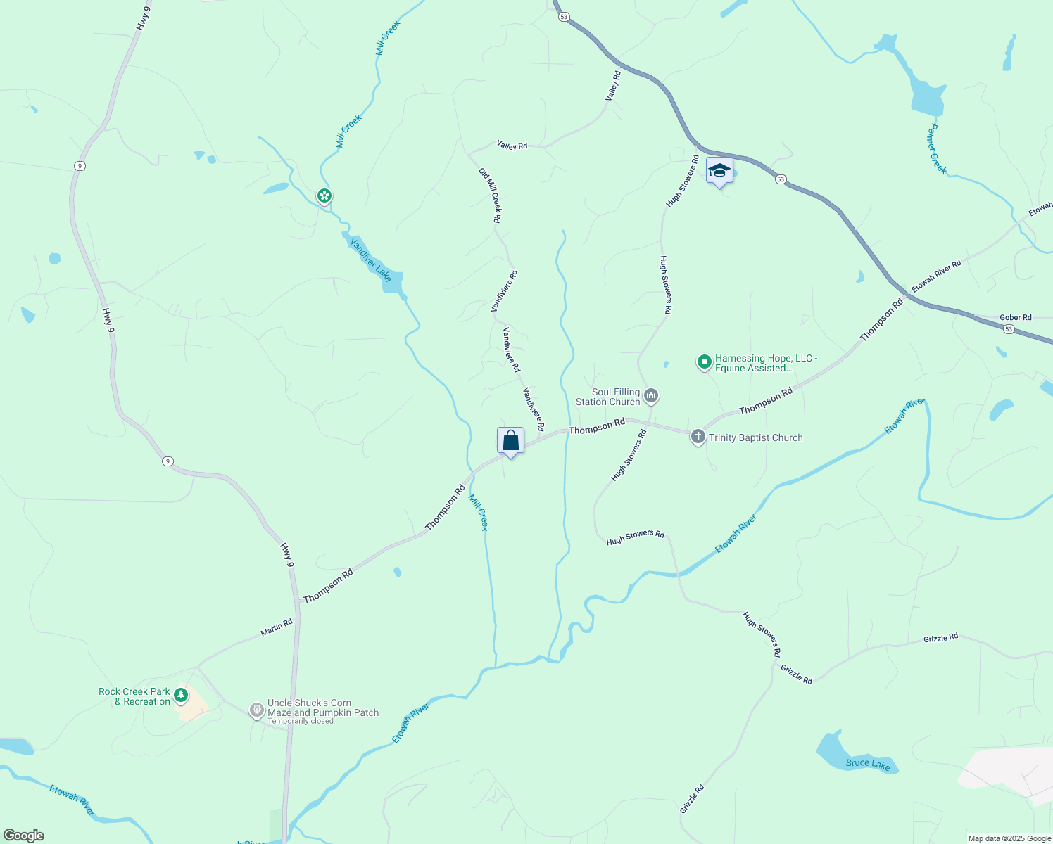 map of restaurants, bars, coffee shops, grocery stores, and more near 1020 Vandiviere Road in Dawsonville