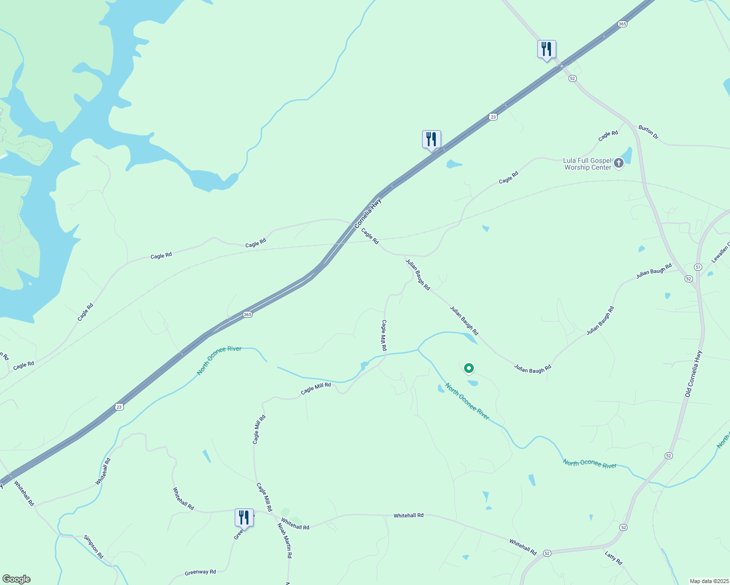 map of restaurants, bars, coffee shops, grocery stores, and more near 5065 Cagle Mill Road in Lula