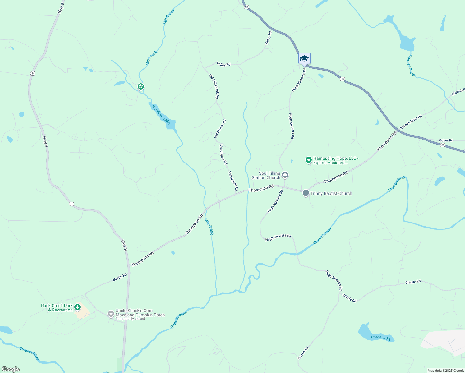 map of restaurants, bars, coffee shops, grocery stores, and more near 1020 Vandiviere Road in Dawsonville