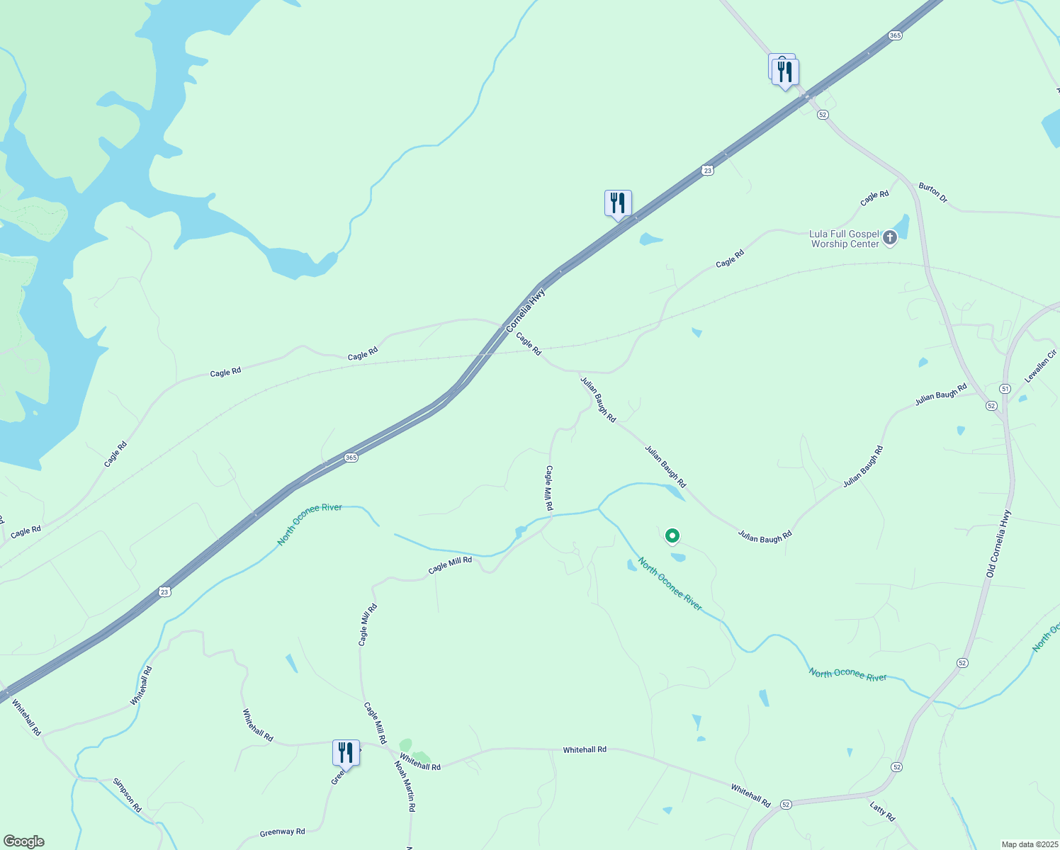 map of restaurants, bars, coffee shops, grocery stores, and more near 5065 Cagle Mill Road in Lula