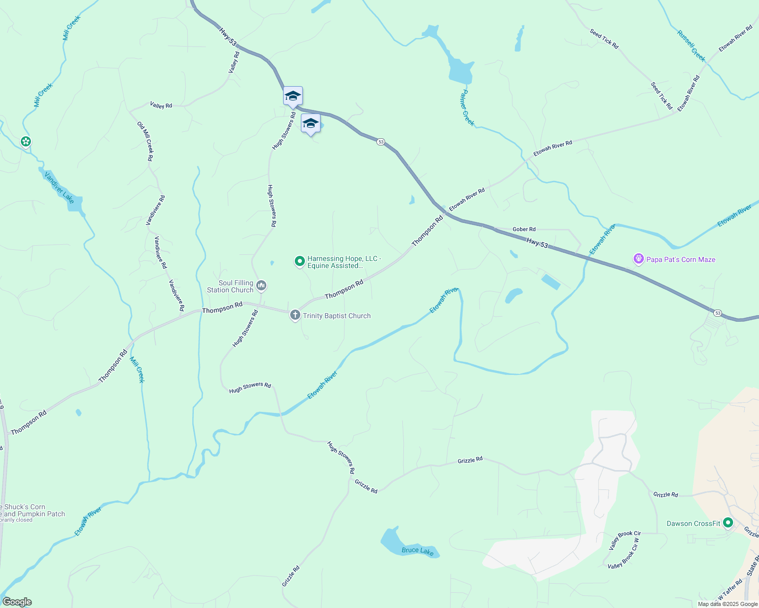 map of restaurants, bars, coffee shops, grocery stores, and more near 91 River Oak Court in Dawsonville