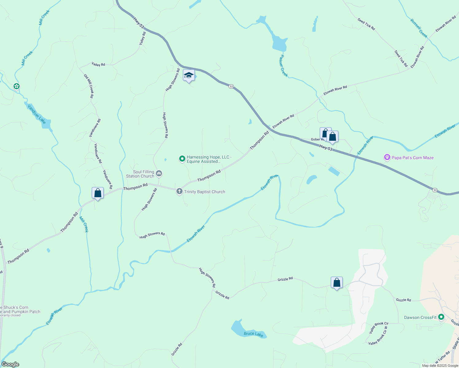 map of restaurants, bars, coffee shops, grocery stores, and more near 91 River Oak Court in Dawsonville