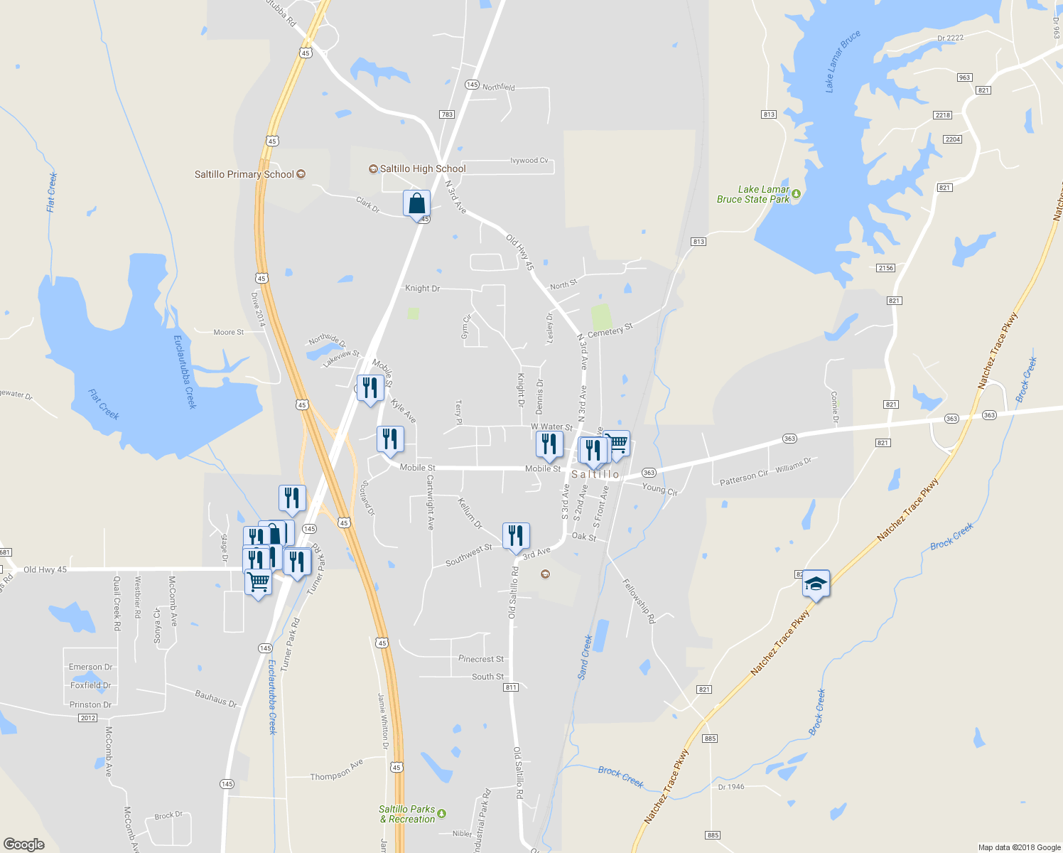 map of restaurants, bars, coffee shops, grocery stores, and more near West Water Street in Saltillo