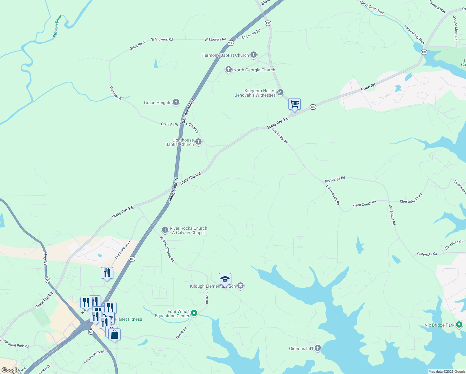 map of restaurants, bars, coffee shops, grocery stores, and more near 161 Sandcastle Court in Dawsonville