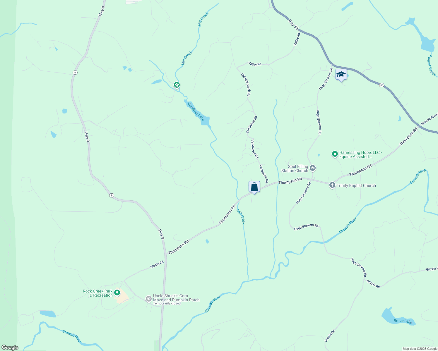 map of restaurants, bars, coffee shops, grocery stores, and more near 716 Norma Road in Dawsonville