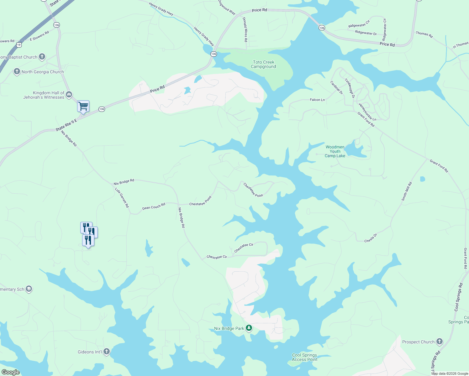 map of restaurants, bars, coffee shops, grocery stores, and more near 561 Chestatee Point in Dawsonville