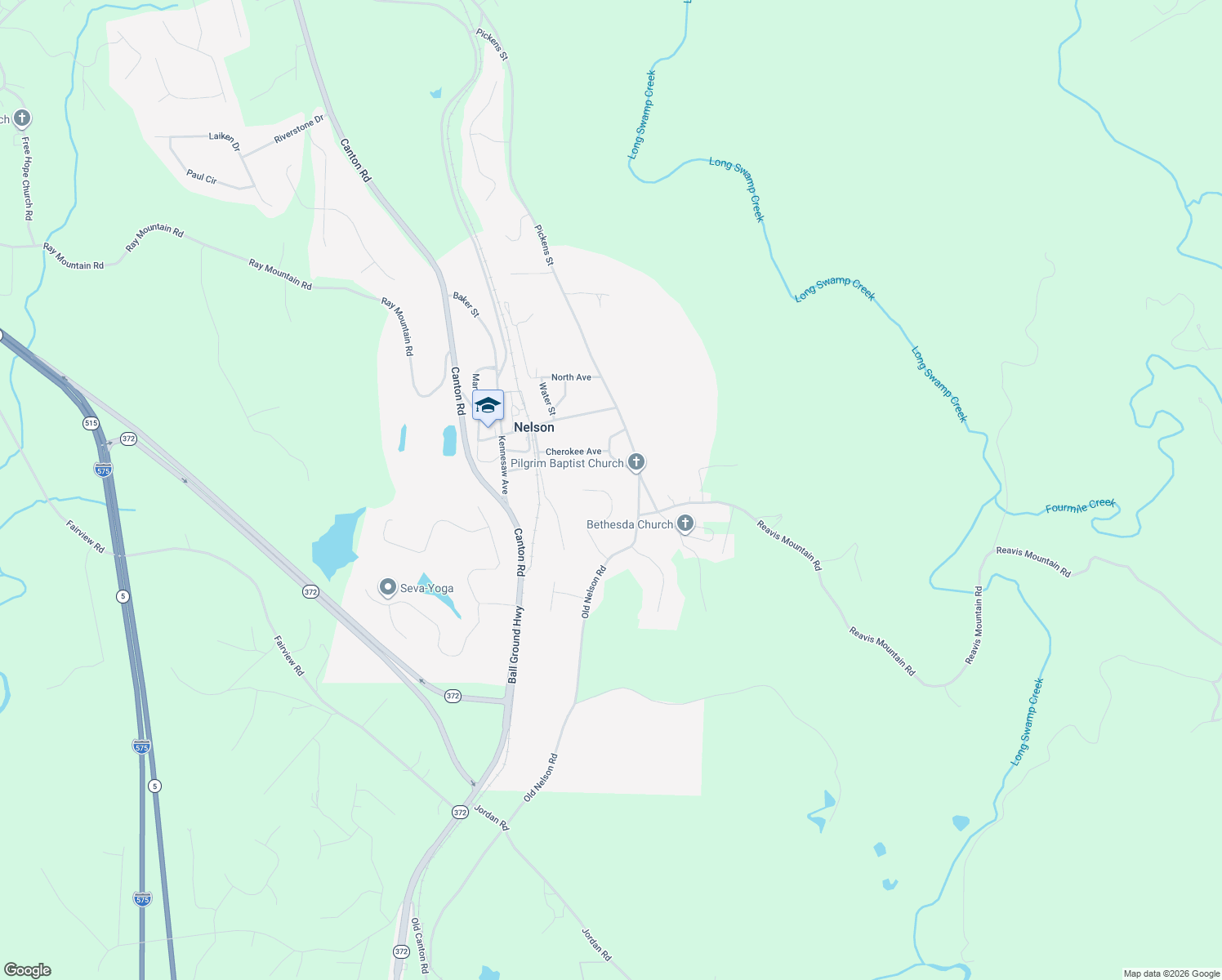 map of restaurants, bars, coffee shops, grocery stores, and more near 118 Nelson Ridge Drive in Ball Ground