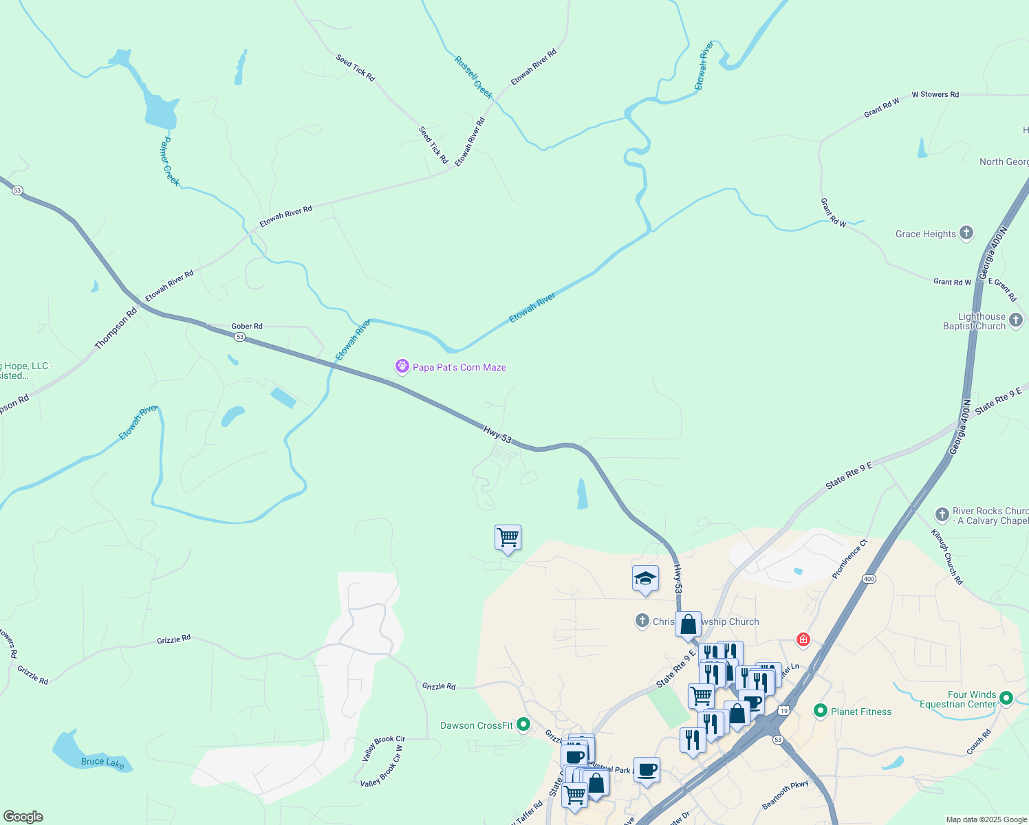 map of restaurants, bars, coffee shops, grocery stores, and more near 0 Riverview Drive in Dawsonville