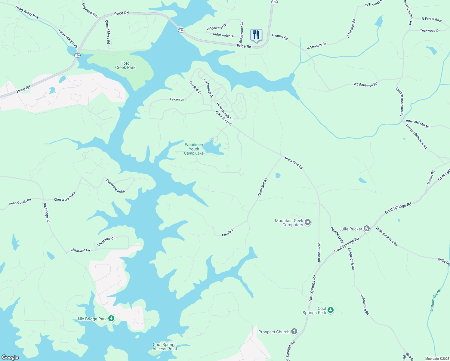 map of restaurants, bars, coffee shops, grocery stores, and more near 6061 Bluewater Blvd in Gainesville