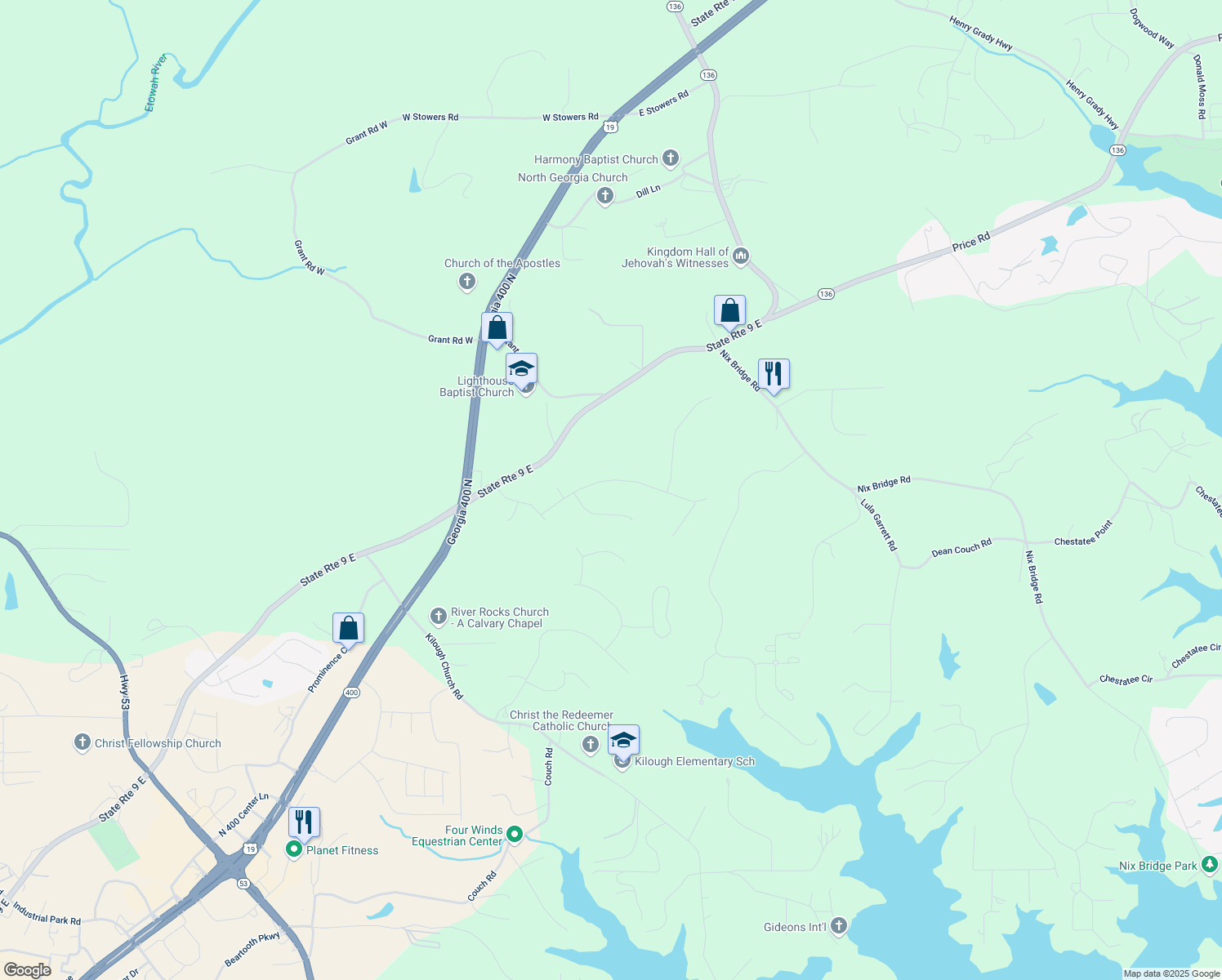 map of restaurants, bars, coffee shops, grocery stores, and more near 238 Bay Drive in Dawsonville