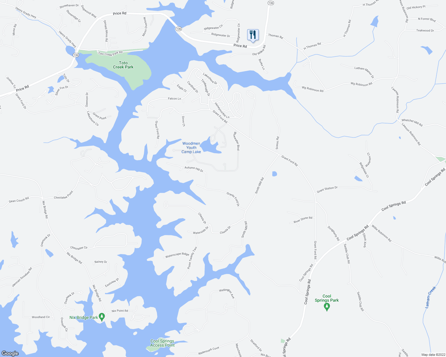 map of restaurants, bars, coffee shops, grocery stores, and more near 6061 Bluewater Blvd in Gainesville