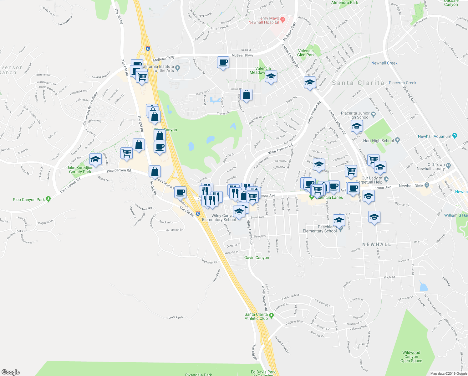 map of restaurants, bars, coffee shops, grocery stores, and more near 24234 Vista Ridge Drive in Santa Clarita