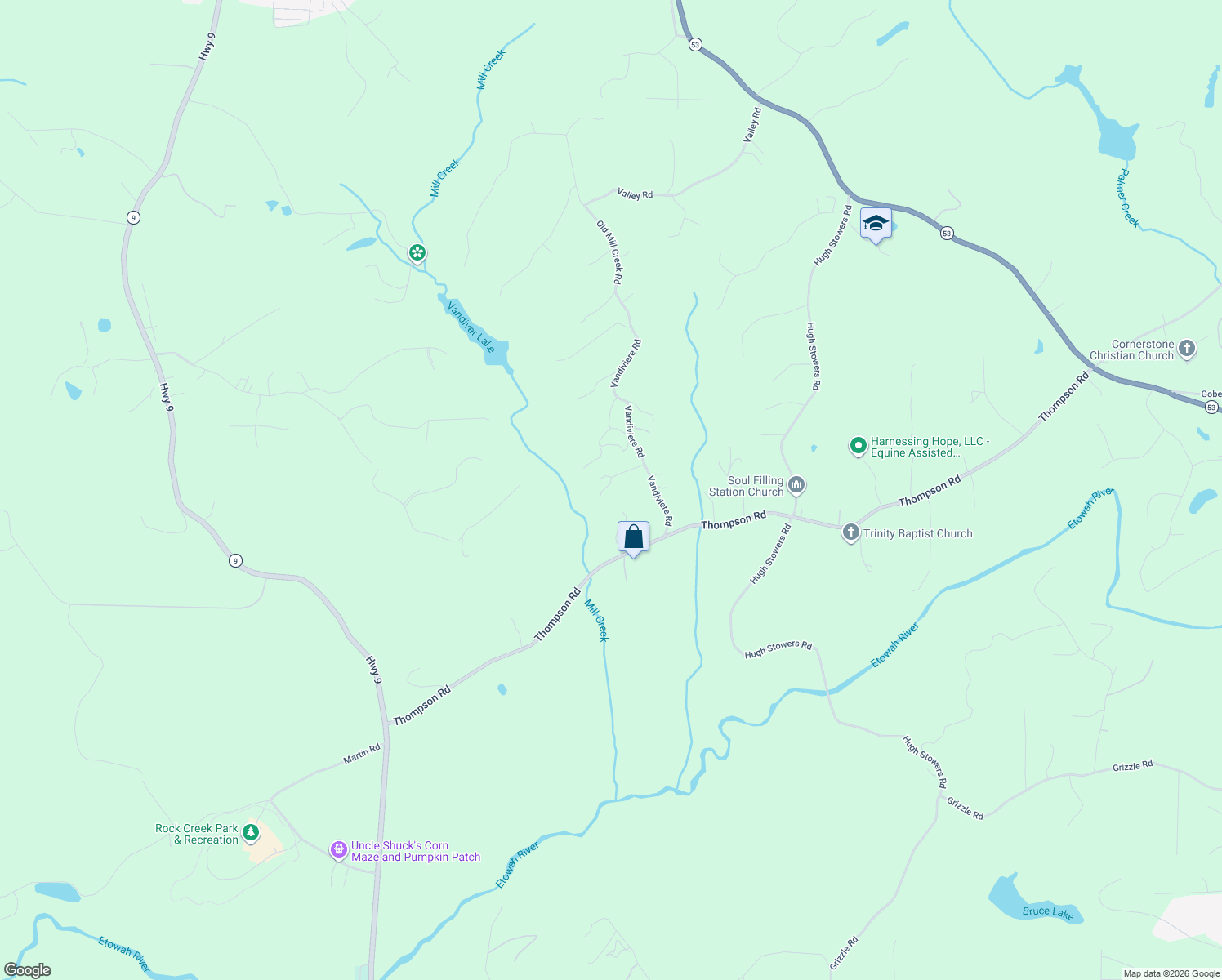 map of restaurants, bars, coffee shops, grocery stores, and more near 890 Vandiviere Road in Dawsonville