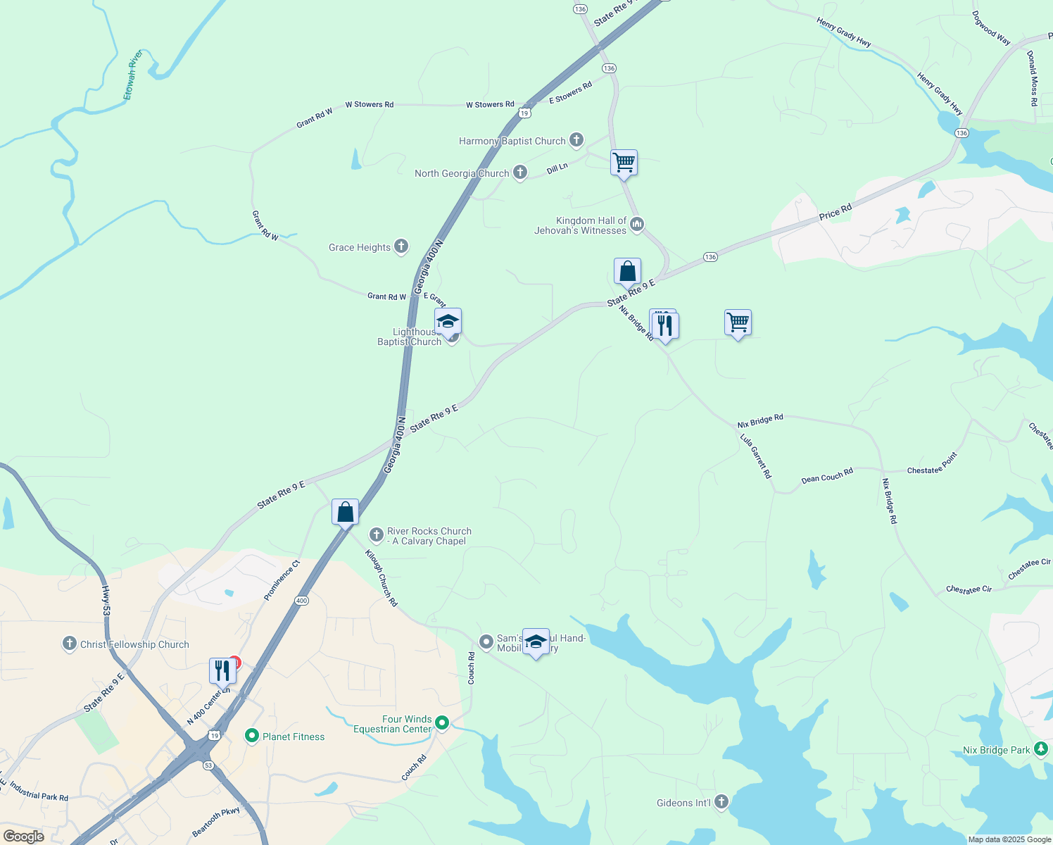 map of restaurants, bars, coffee shops, grocery stores, and more near 238 Bay Drive in Dawsonville