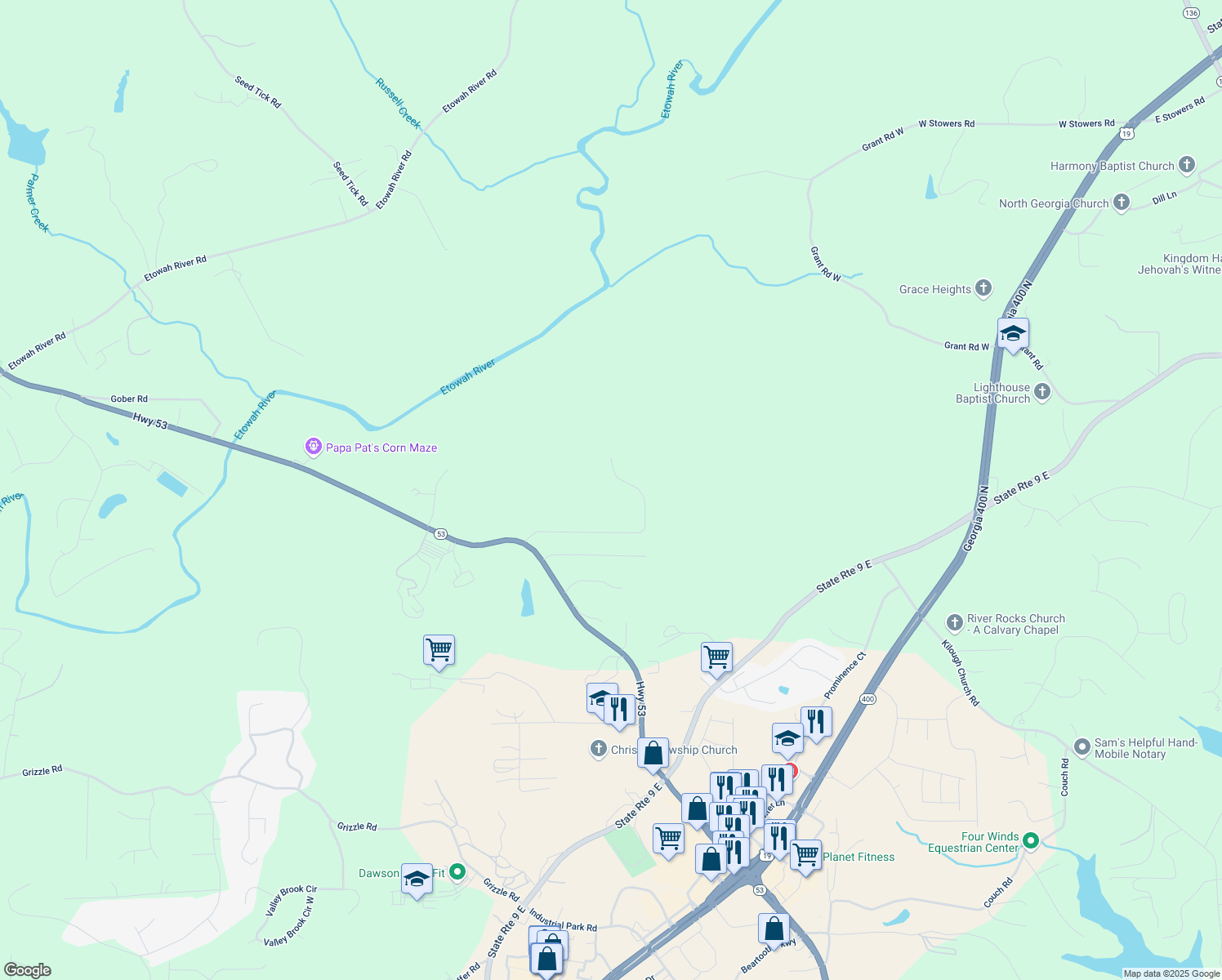 map of restaurants, bars, coffee shops, grocery stores, and more near 565 Brights Way in Dawsonville