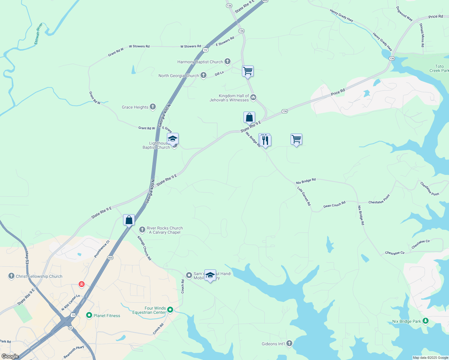 map of restaurants, bars, coffee shops, grocery stores, and more near 387 Bay Drive in Dawsonville
