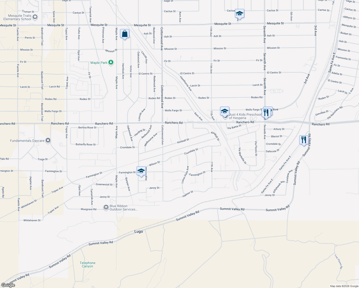 map of restaurants, bars, coffee shops, grocery stores, and more near 15133 Kimball Street in Hesperia