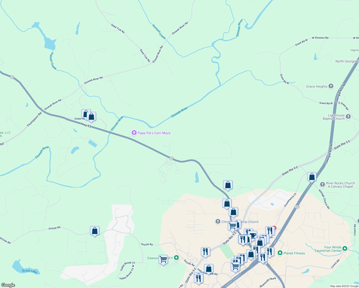 map of restaurants, bars, coffee shops, grocery stores, and more near 162 Riverview Drive in Dawsonville