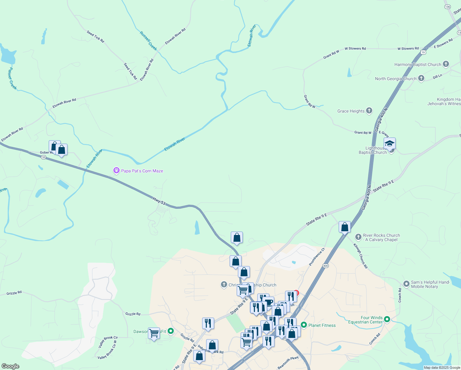 map of restaurants, bars, coffee shops, grocery stores, and more near 565 Brights Way in Dawsonville