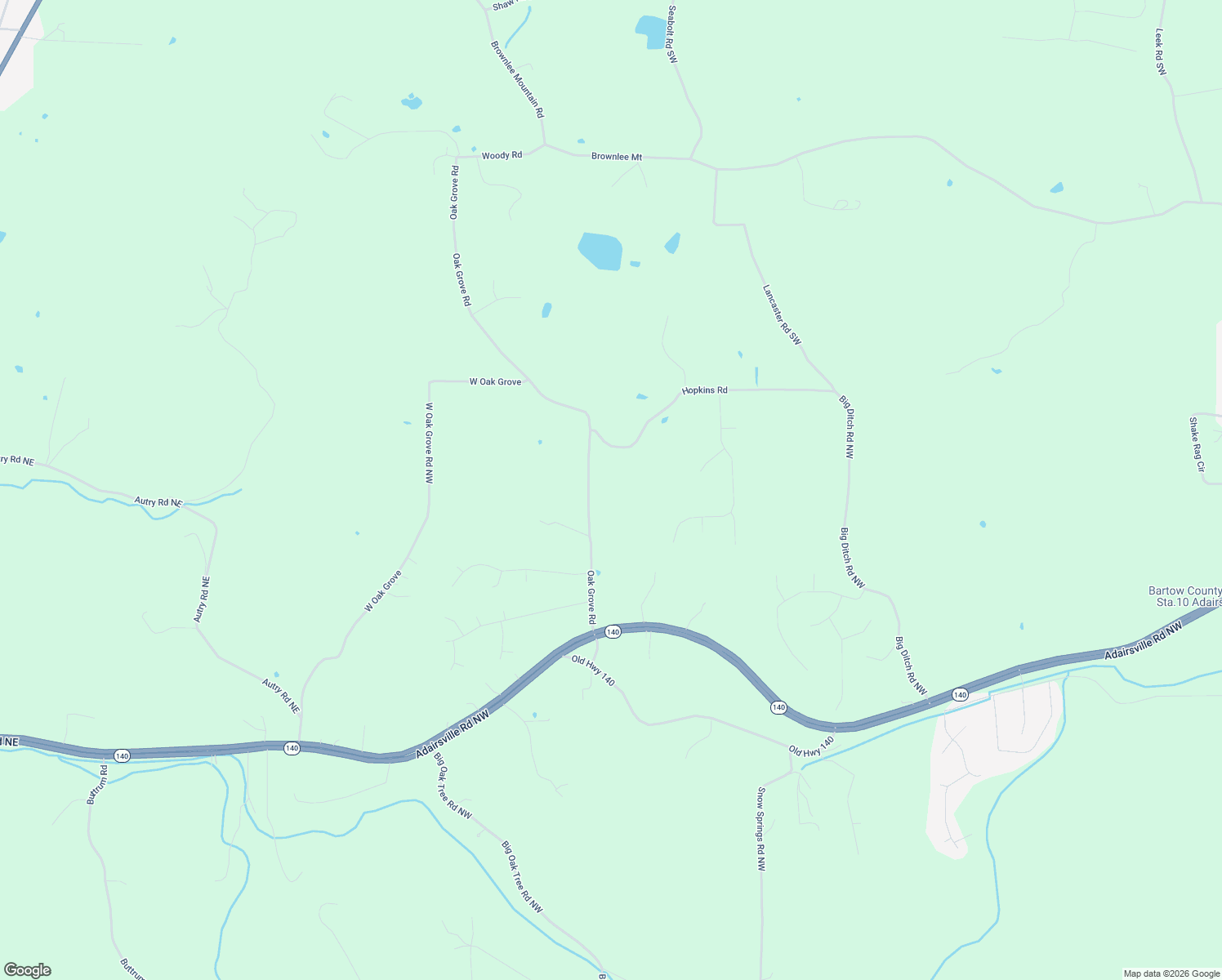 map of restaurants, bars, coffee shops, grocery stores, and more near 68 West Oak Grove Road Northwest in Adairsville