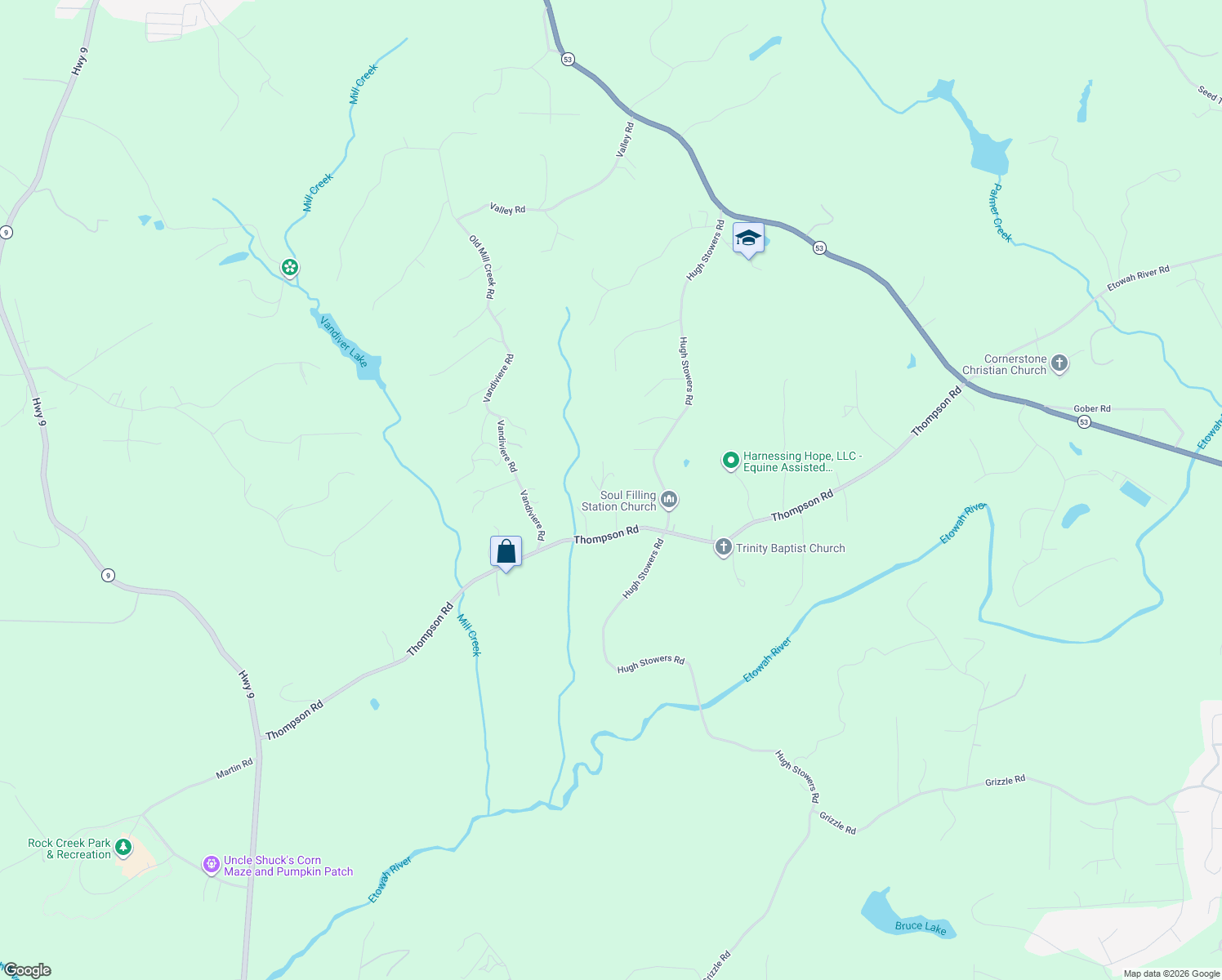 map of restaurants, bars, coffee shops, grocery stores, and more near 130 Hemlock Drive in Dawsonville