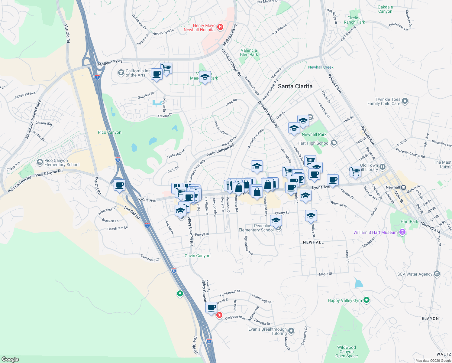 map of restaurants, bars, coffee shops, grocery stores, and more near 25320 Avenida Cappela in Santa Clarita
