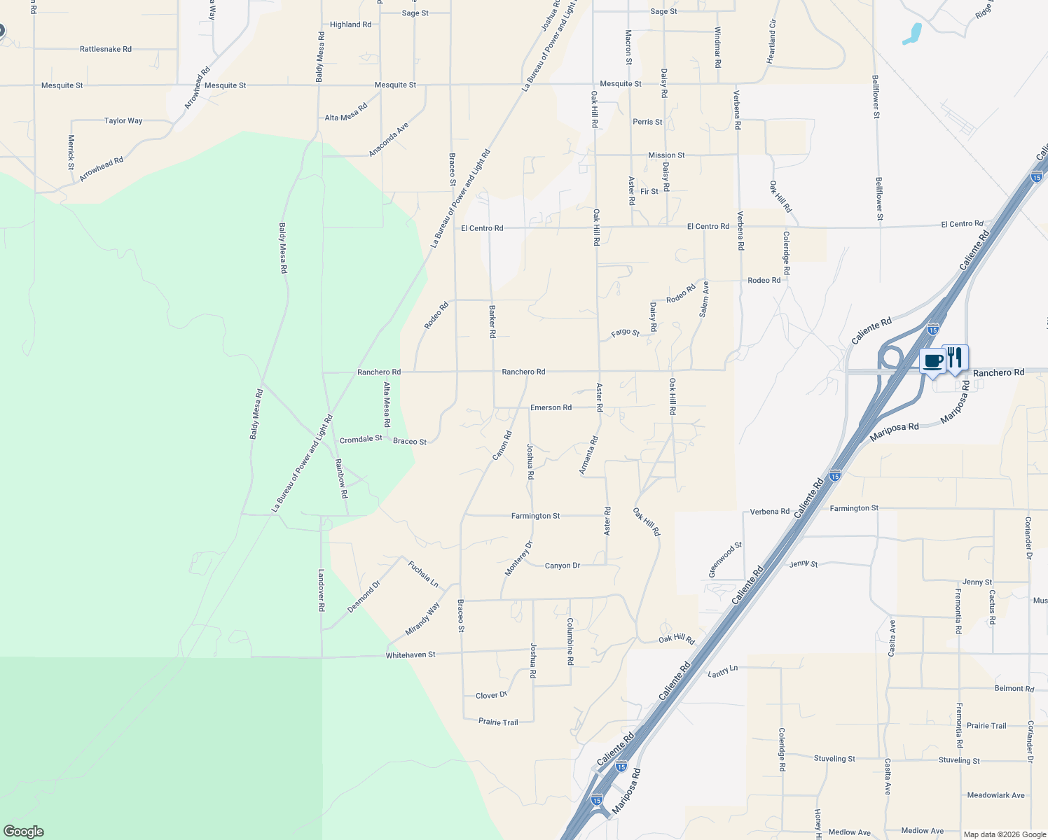 map of restaurants, bars, coffee shops, grocery stores, and more near 7125 Joshua Road in Hesperia