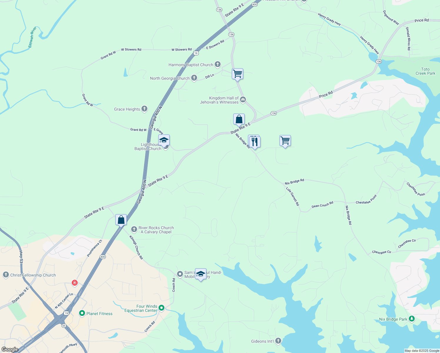 map of restaurants, bars, coffee shops, grocery stores, and more near 68 Harbour Drive in Dawsonville