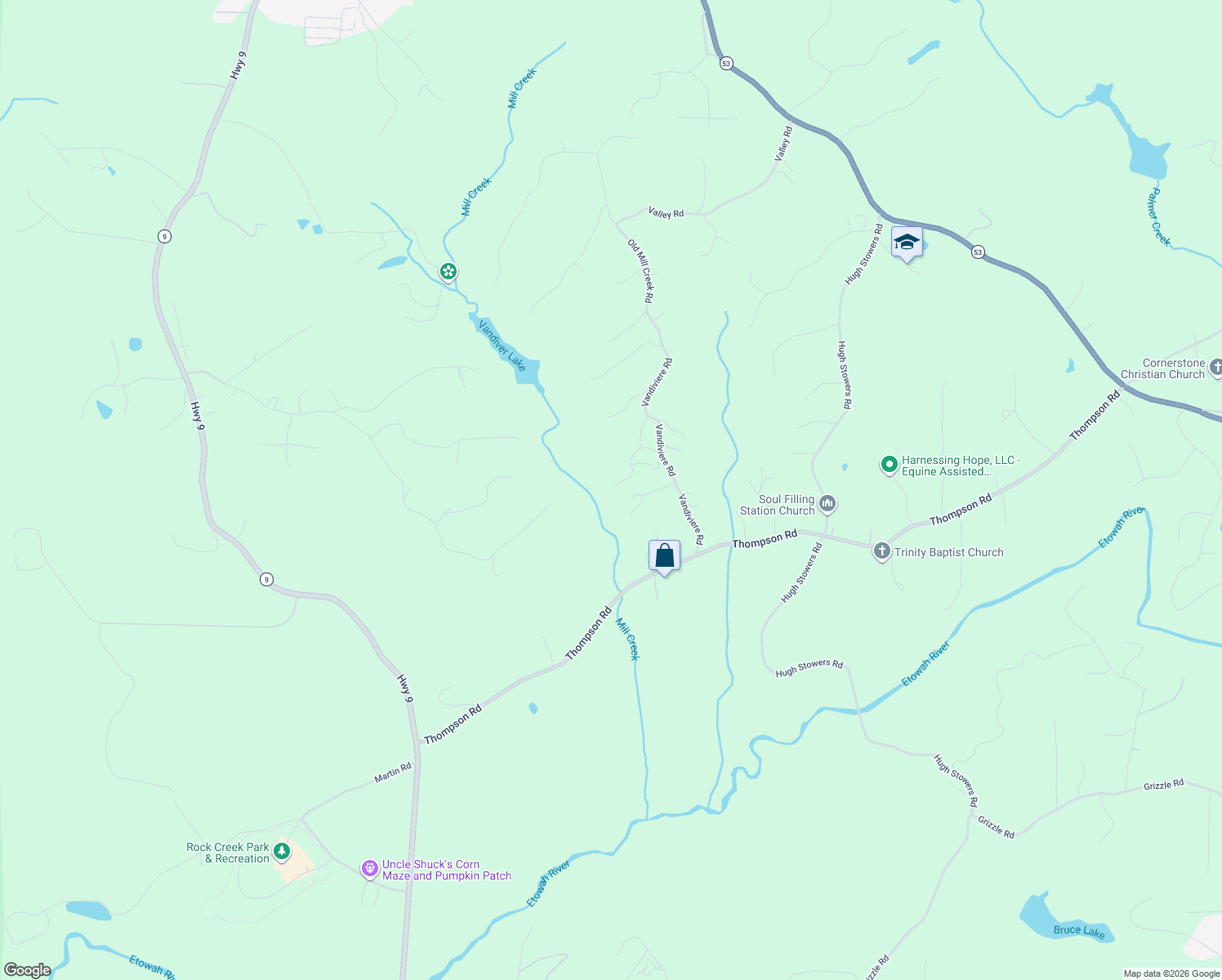 map of restaurants, bars, coffee shops, grocery stores, and more near 890 Vandiviere Road in Dawsonville