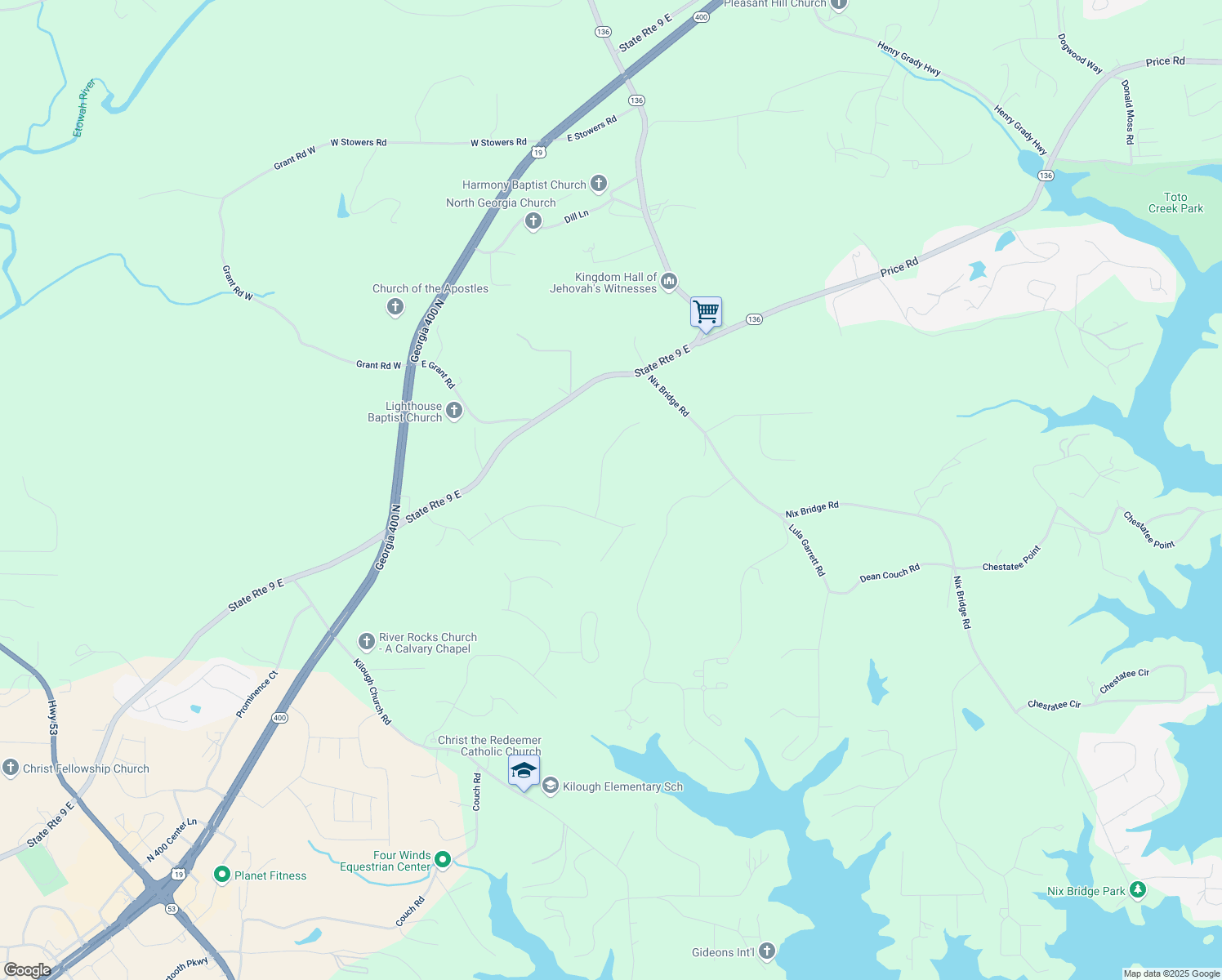 map of restaurants, bars, coffee shops, grocery stores, and more near 68 Harbour Drive in Dawsonville