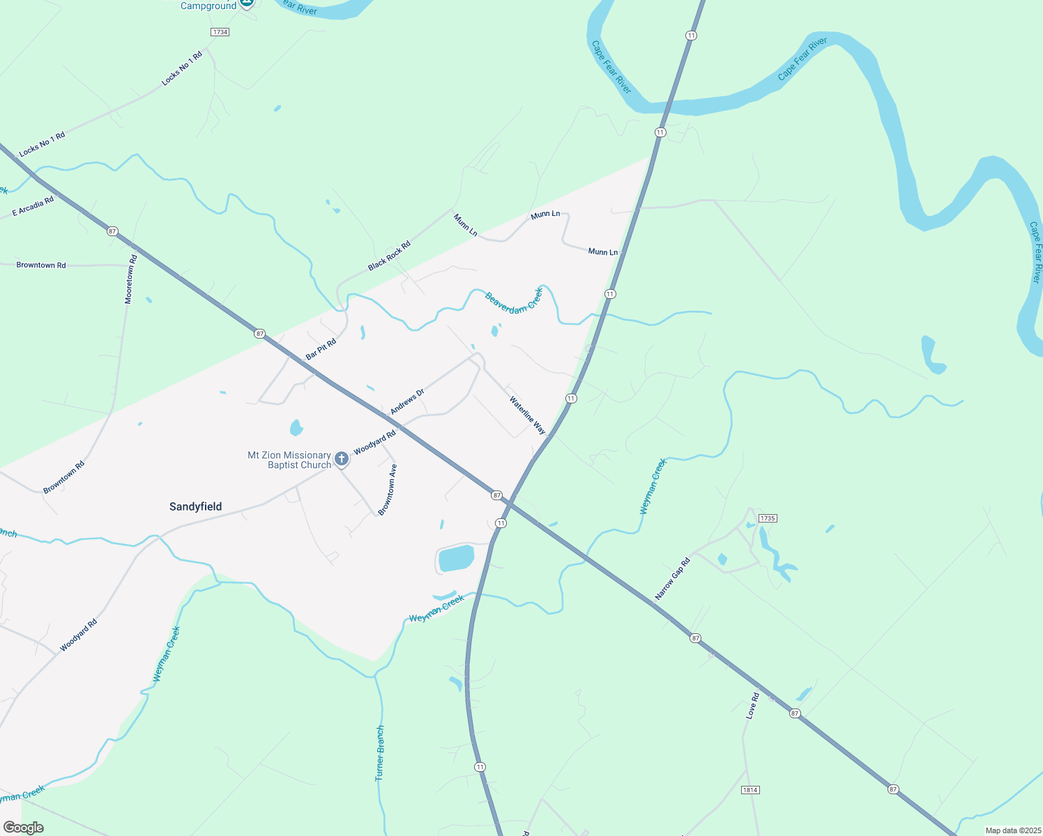 map of restaurants, bars, coffee shops, grocery stores, and more near 123 Waterline Way in Riegelwood