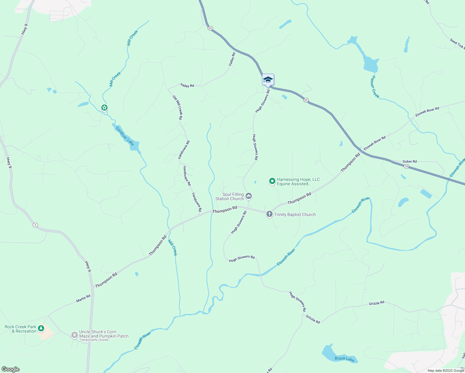 map of restaurants, bars, coffee shops, grocery stores, and more near 800 Hugh Stowers Road in Dawsonville