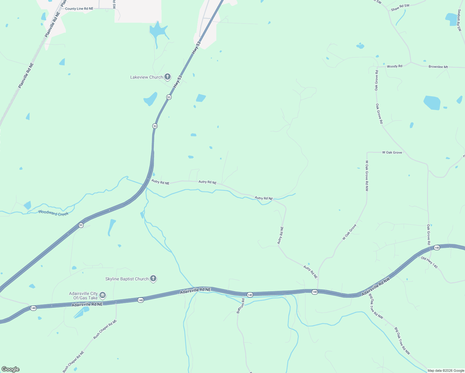 map of restaurants, bars, coffee shops, grocery stores, and more near 345 Autry Road Northeast in Adairsville