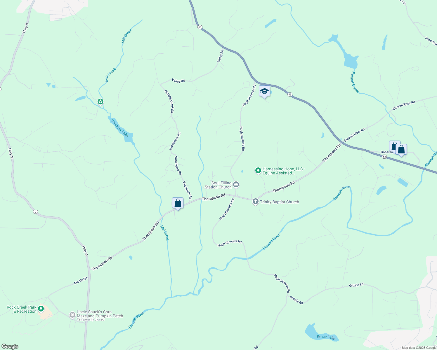 map of restaurants, bars, coffee shops, grocery stores, and more near 800 Hugh Stowers Road in Dawsonville
