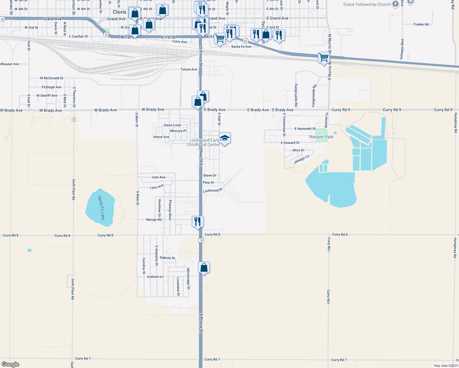 map of restaurants, bars, coffee shops, grocery stores, and more near 201 Mimosa in Clovis