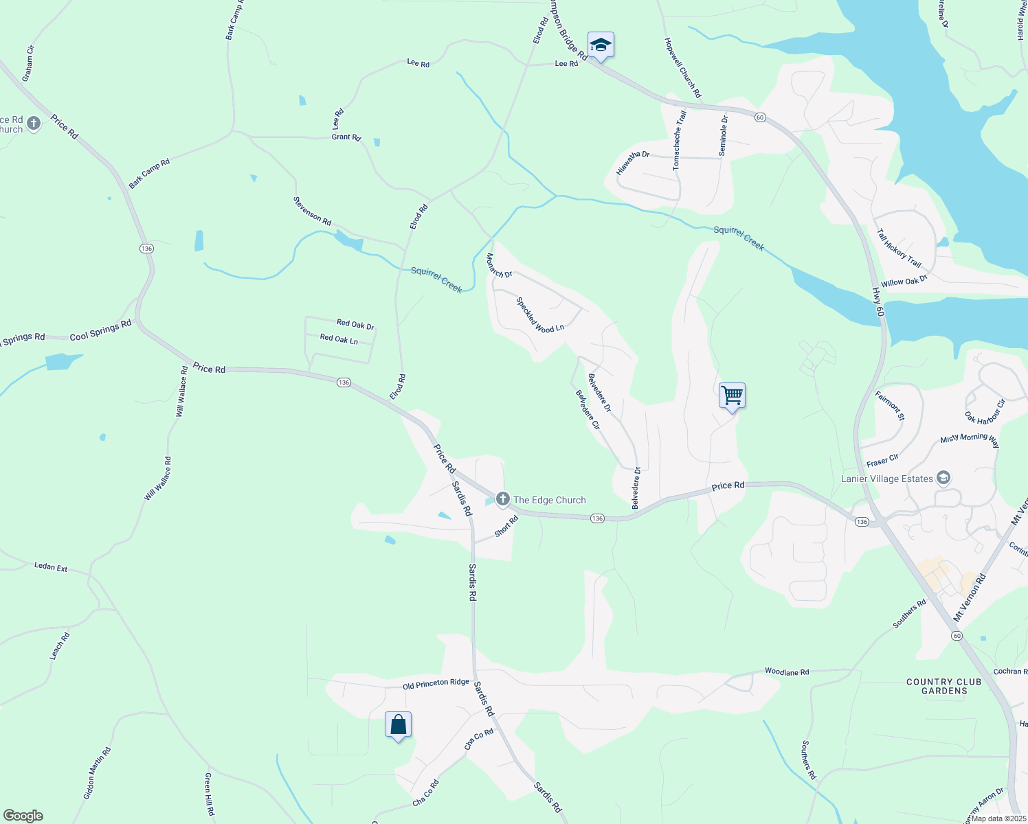 map of restaurants, bars, coffee shops, grocery stores, and more near 4136 Price Road in Gainesville