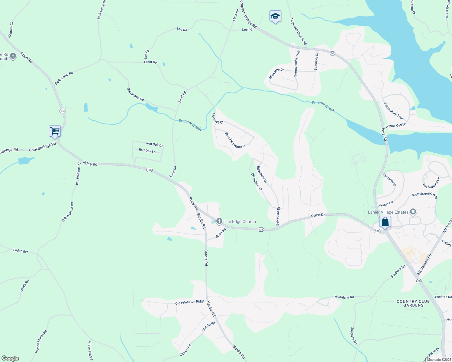 map of restaurants, bars, coffee shops, grocery stores, and more near 4136 Price Road in Gainesville