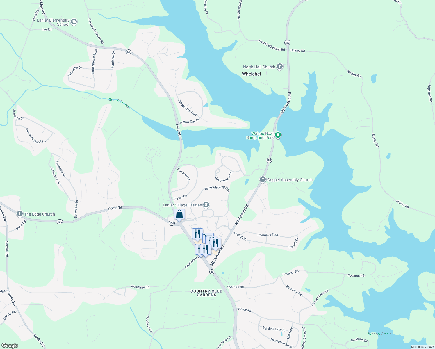 map of restaurants, bars, coffee shops, grocery stores, and more near 4046 Oak Harbour Circle in Gainesville