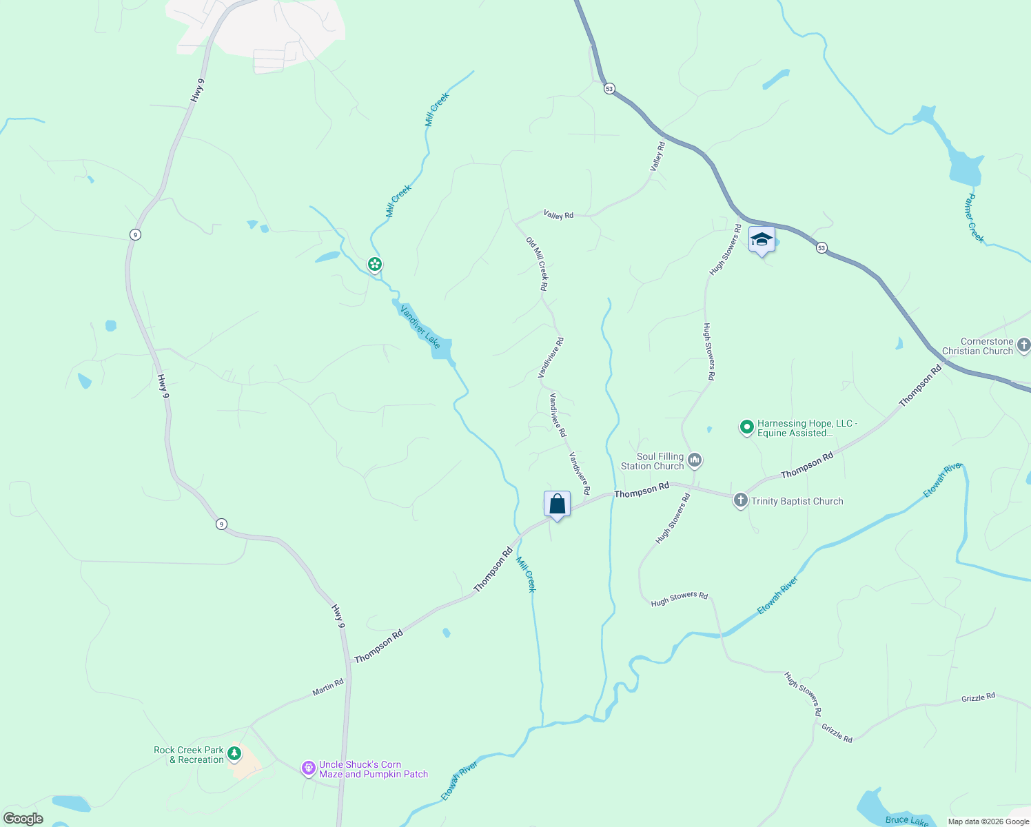 map of restaurants, bars, coffee shops, grocery stores, and more near 36 Rabbit Run in Dawsonville