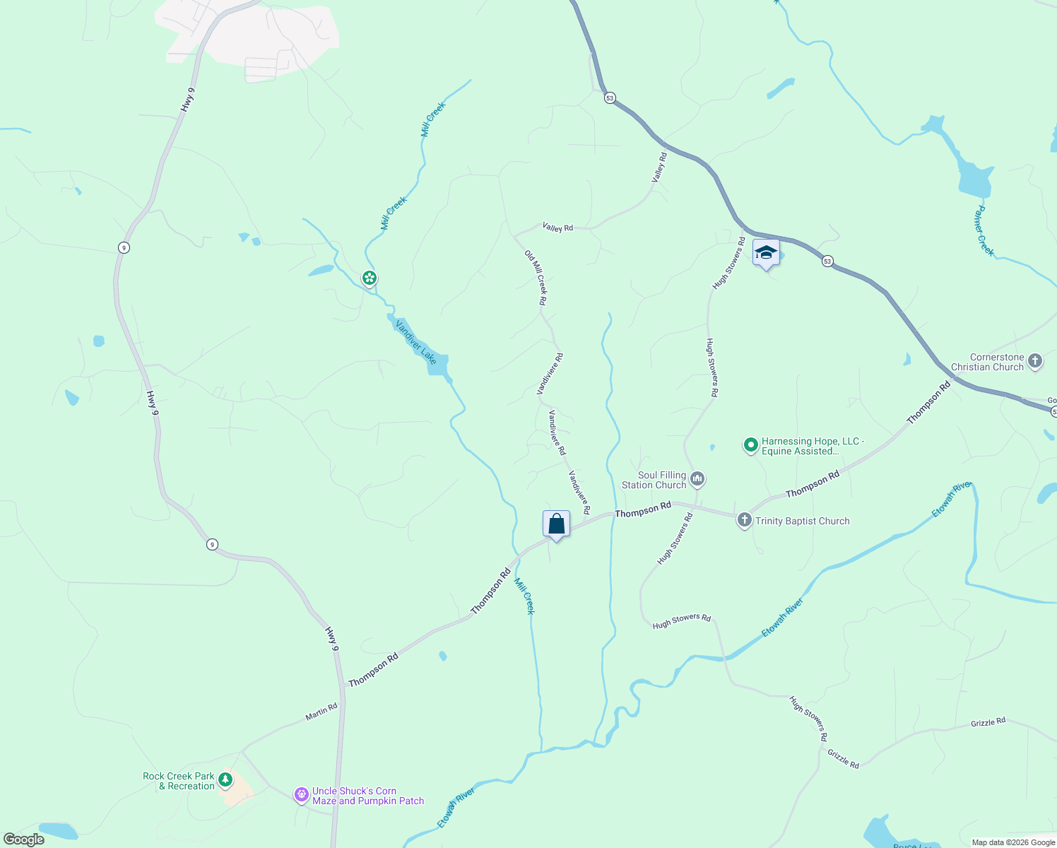 map of restaurants, bars, coffee shops, grocery stores, and more near 36 Rabbit Run in Dawsonville