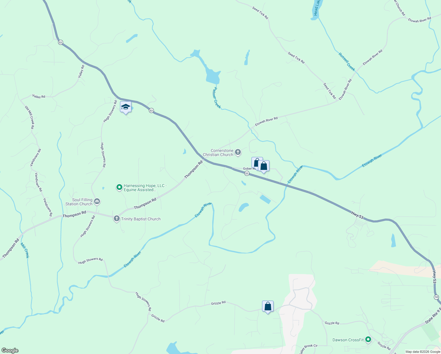 map of restaurants, bars, coffee shops, grocery stores, and more near 66 River Valley Rd in Dawsonville