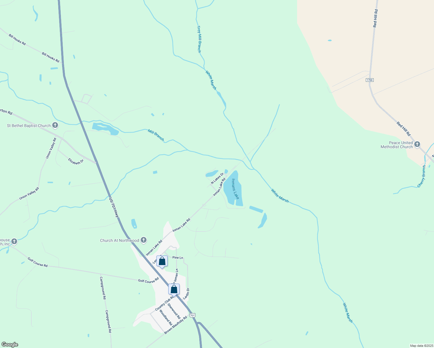 map of restaurants, bars, coffee shops, grocery stores, and more near 191 North Lakes Drive in Whiteville