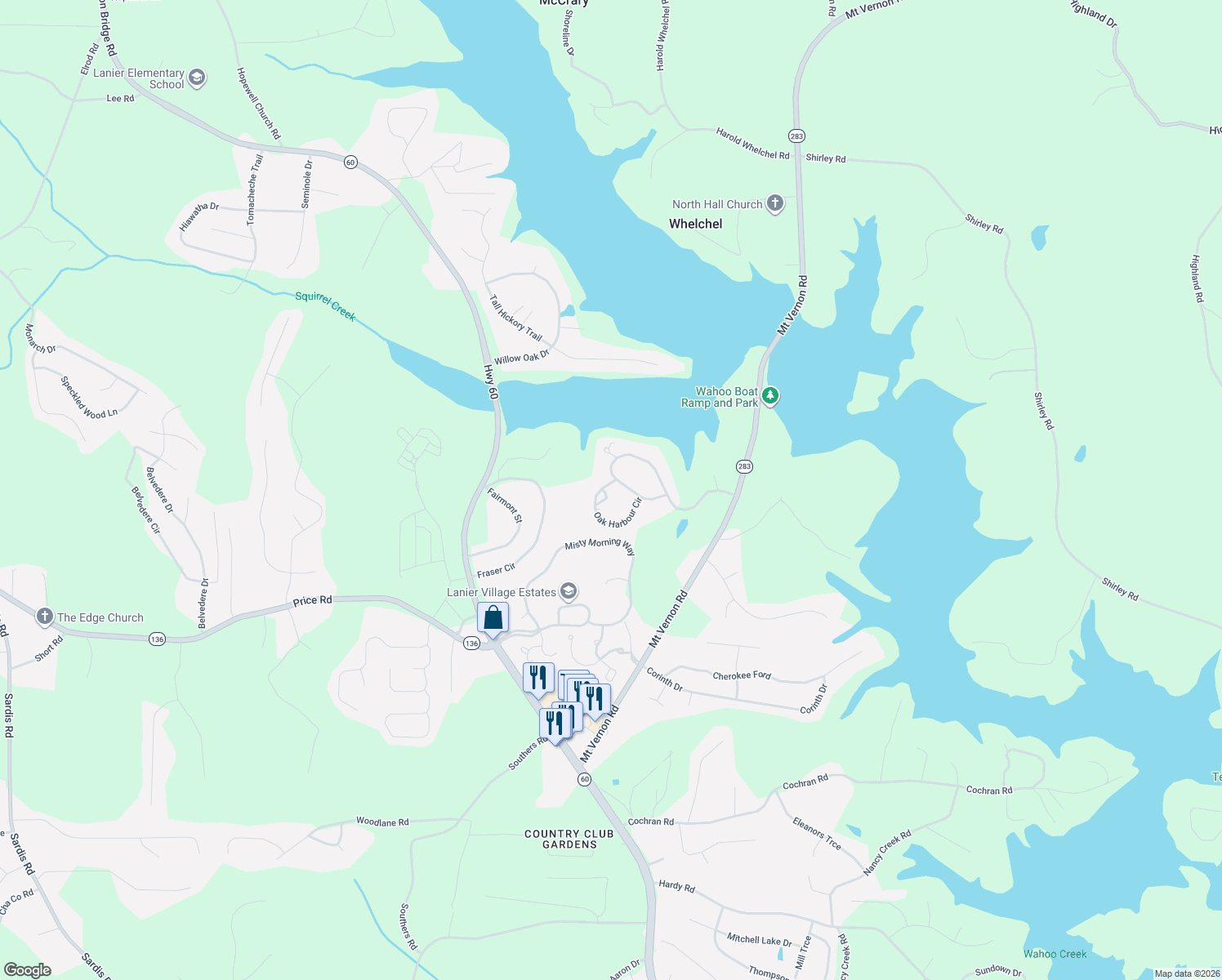 map of restaurants, bars, coffee shops, grocery stores, and more near 4064 Oak Harbour Circle in Gainesville