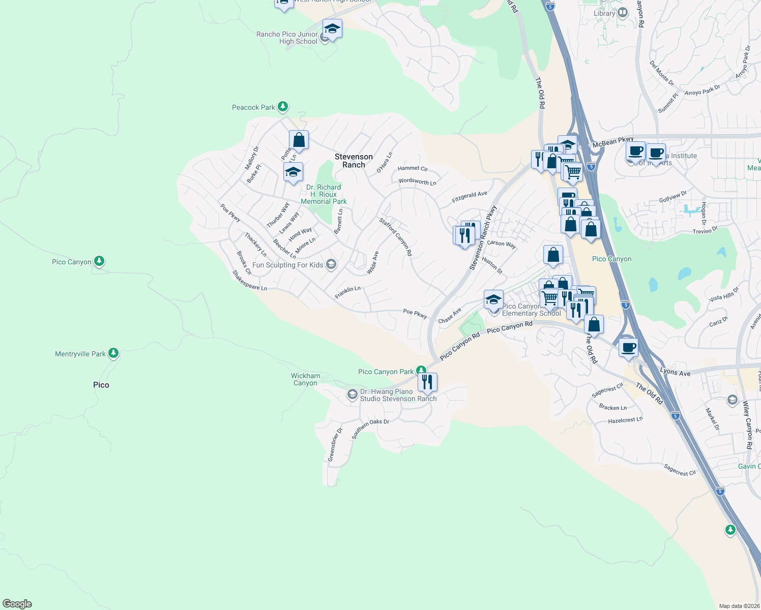 map of restaurants, bars, coffee shops, grocery stores, and more near 25938 Coleridge Pl in Stevenson Ranch