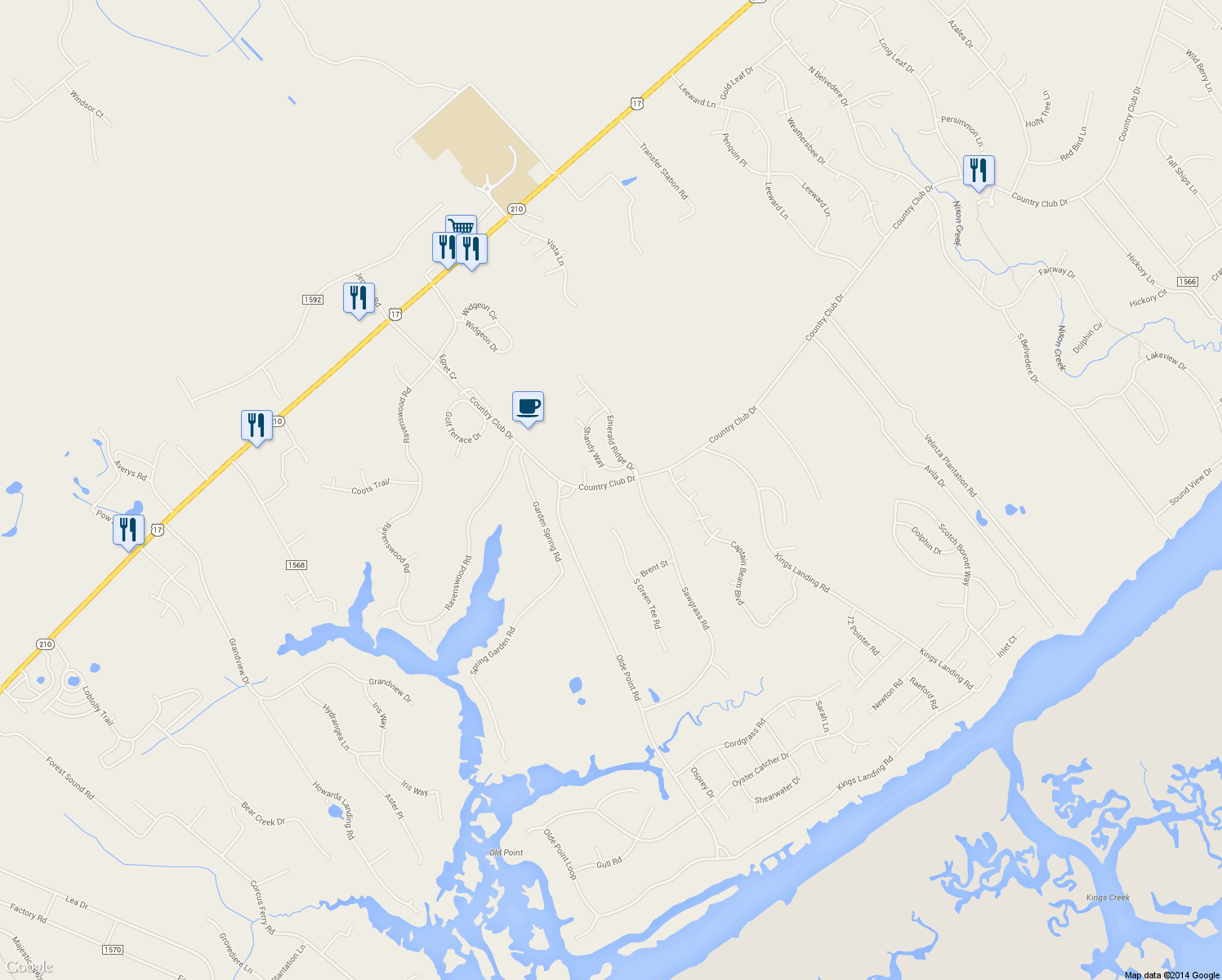 map of restaurants, bars, coffee shops, grocery stores, and more near 848 Country Club Drive in Hampstead